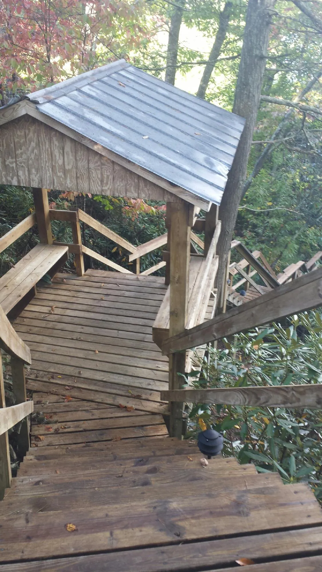 Metal roofed shelter over wooden steps on a wooded walkway — Skylight Repair & Installation work by our crew in Americus