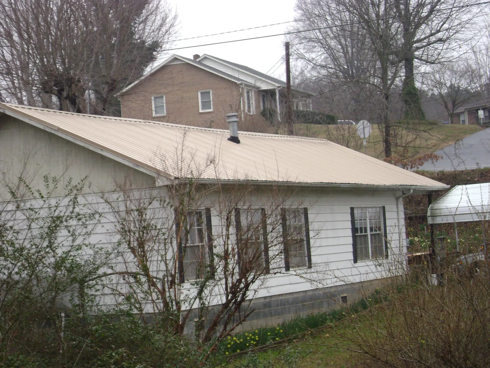 Tan metal roof on a white sided house set into a hillside — Commercial Roofing by Roofing Brothers in Americus